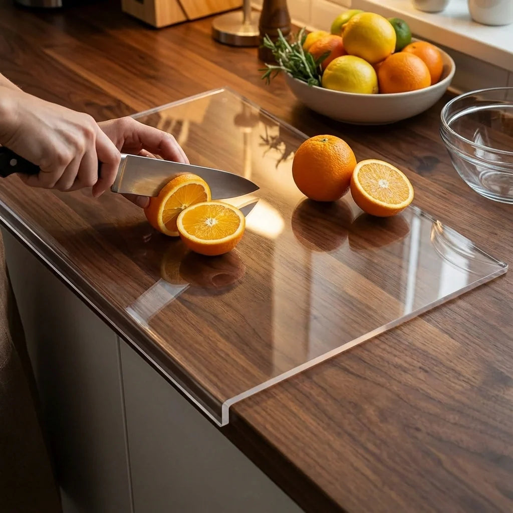 Luminayard Clear Acrylic Cutting Board with Counter Lip - 5mm Extra Thick Non-Slip Countertop Protector (16" x 12")