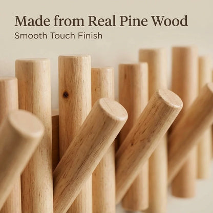 Luminayard Picket Wooden Flip Wall Coat Rack - Real Pine Wood Decorative Hanger with 5 Flip-Down Hooks for Entryway, Bedroom, and Bathroom