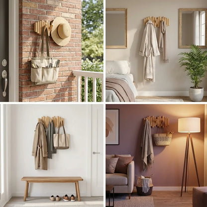 Luminayard Picket Wooden Flip Wall Coat Rack - Real Pine Wood Decorative Hanger with 5 Flip-Down Hooks for Entryway, Bedroom, and Bathroom