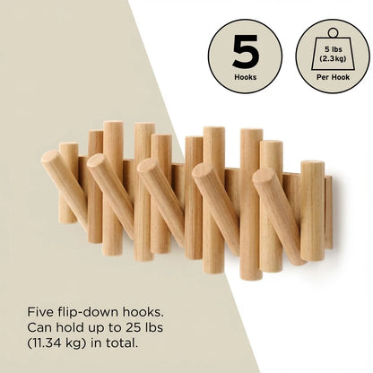 Luminayard Picket Wooden Flip Wall Coat Rack - Real Pine Wood Decorative Hanger with 5 Flip-Down Hooks for Entryway, Bedroom, and Bathroom