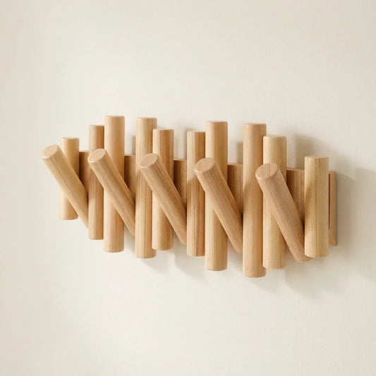 Luminayard Picket Wooden Flip Wall Coat Rack - Real Pine Wood Decorative Hanger with 5 Flip-Down Hooks for Entryway, Bedroom, and Bathroom