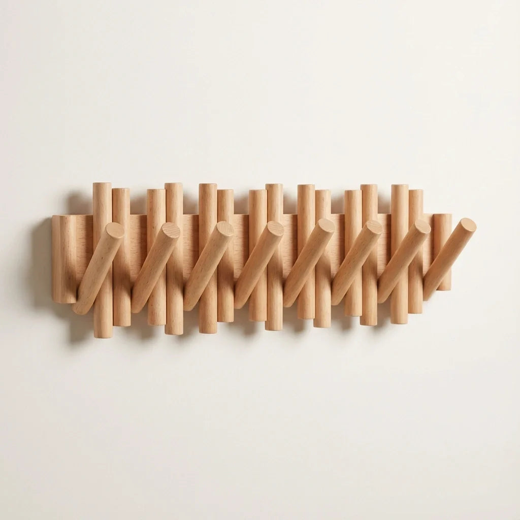 Luminayard Picket Wooden Flip Wall Coat Rack - Real Pine Wood Decorative Hanger with 5 Flip-Down Hooks for Entryway, Bedroom, and Bathroom