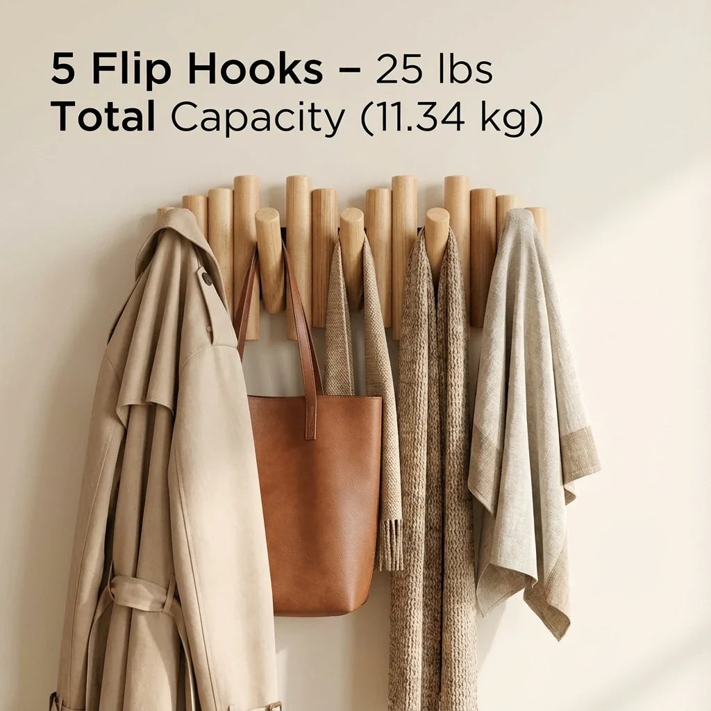Luminayard Picket Wooden Flip Wall Coat Rack - Real Pine Wood Decorative Hanger with 5 Flip-Down Hooks for Entryway, Bedroom, and Bathroom